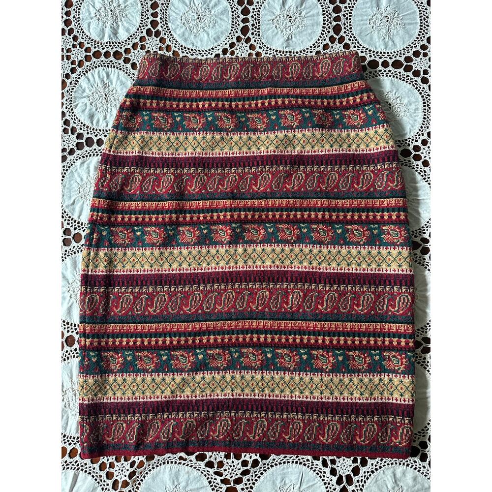 Vintage Vittadini Sport skirt paisley 100% merino wool fair isle knee pencil M